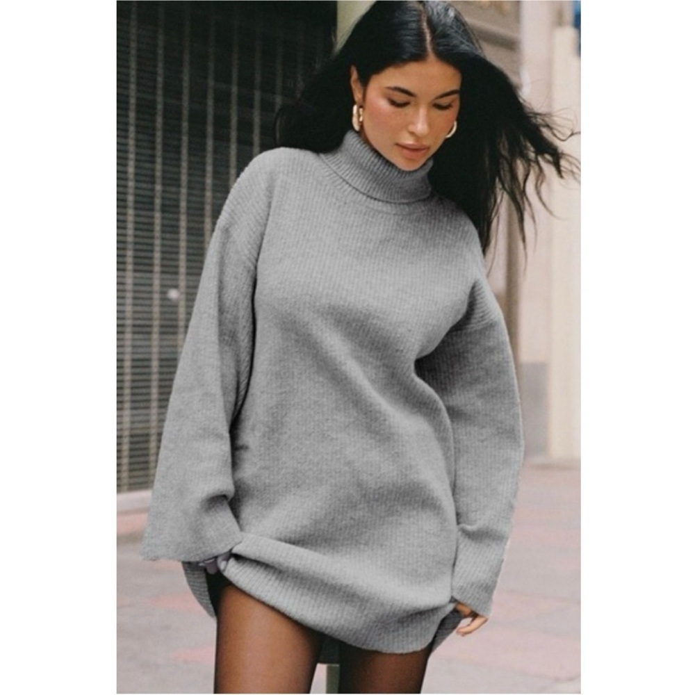 Princess Polly Grey Ribbed Turtleneck Sweater Dress